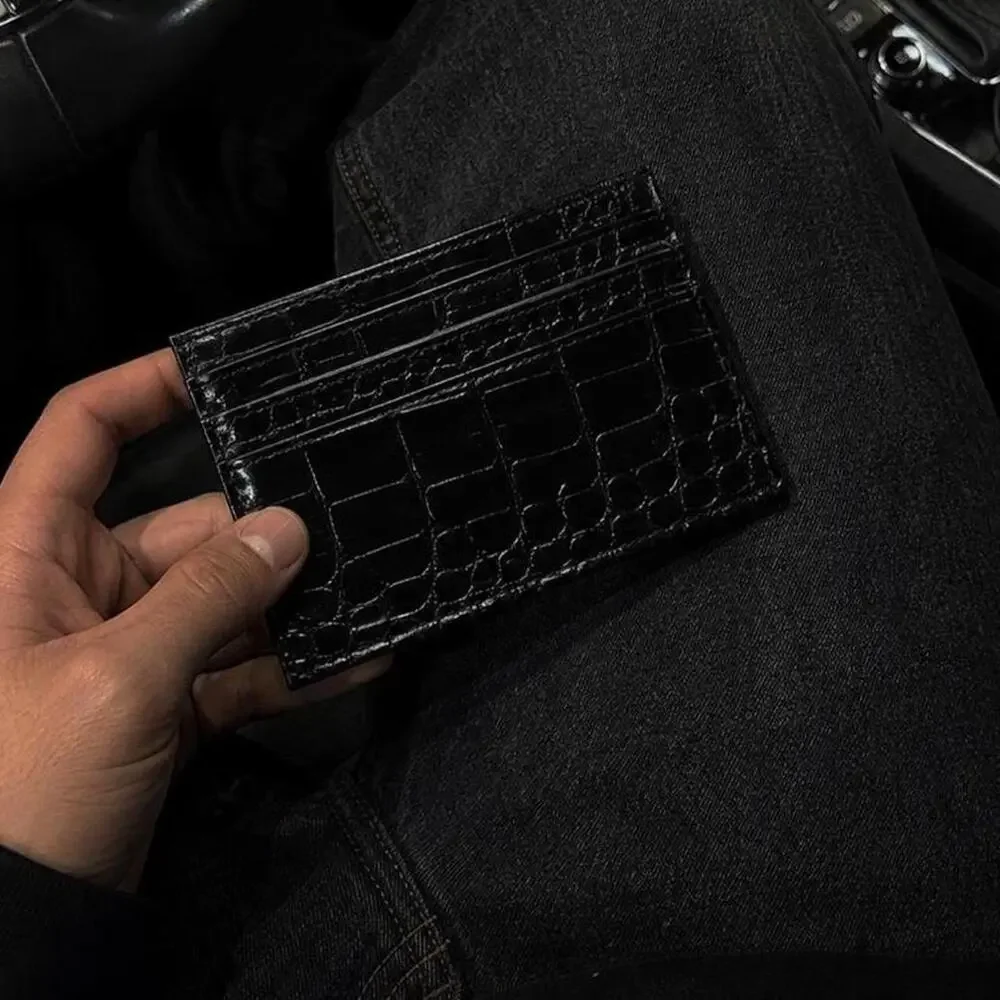 Black crocodile skin texture card holder wallet glossy luxury